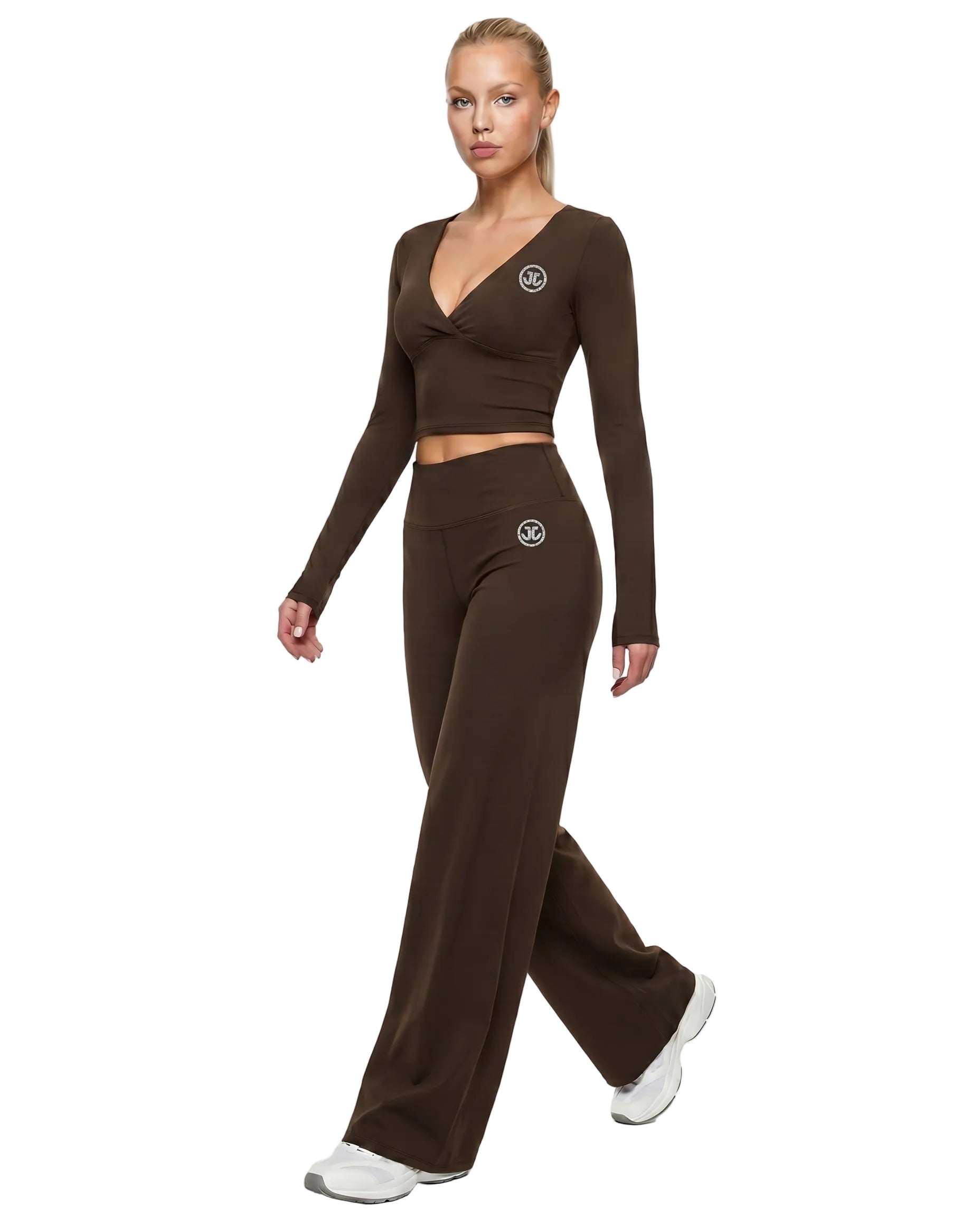 Women's Long-Sleeve Yoga 2-Piece Set with Wide-Leg Shorts