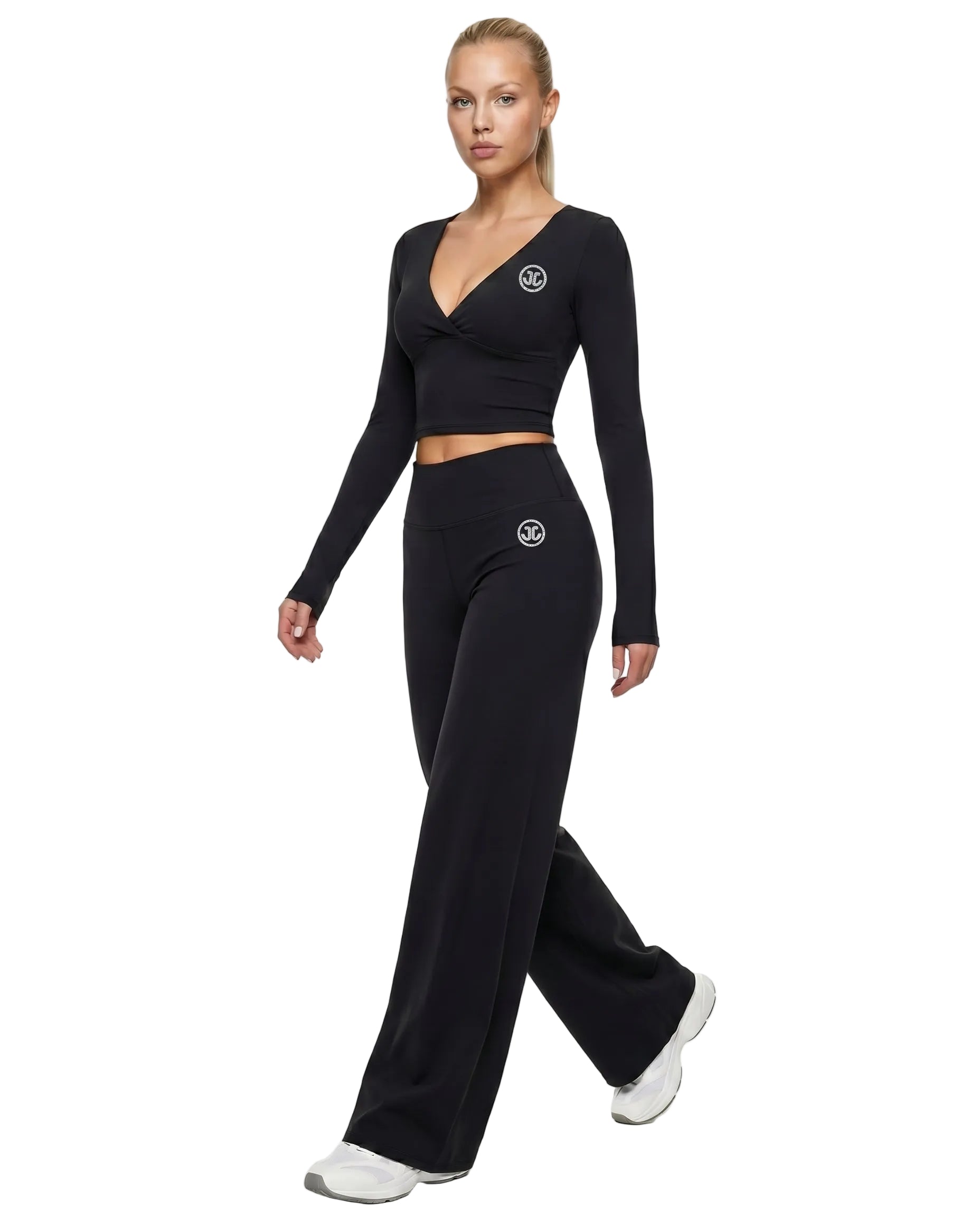 Women's Long-Sleeve Yoga 2-Piece Set with Wide-Leg Shorts