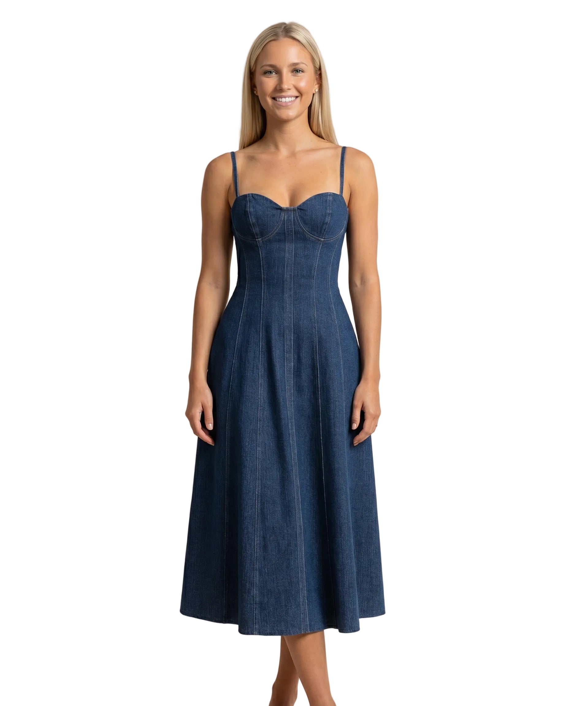 Casual Solid Denim Sleeveless Maxi Dress with Scalloped Neckline