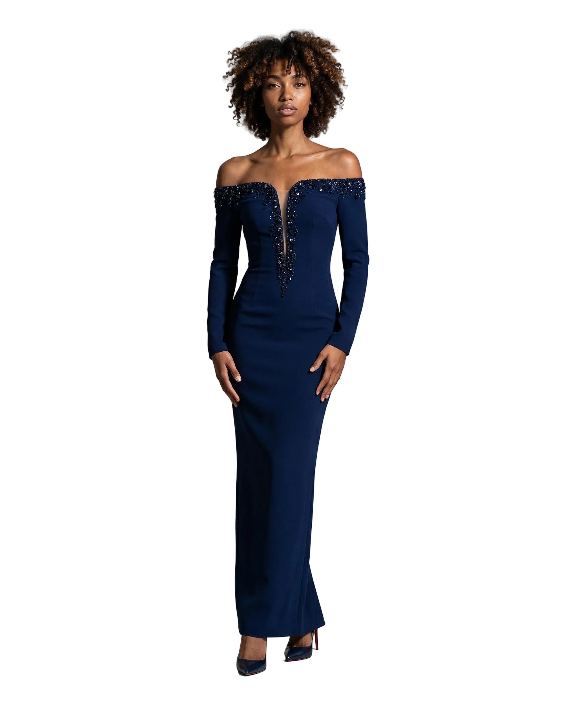 V-Neck Long Sleeve Floor-Length Gown