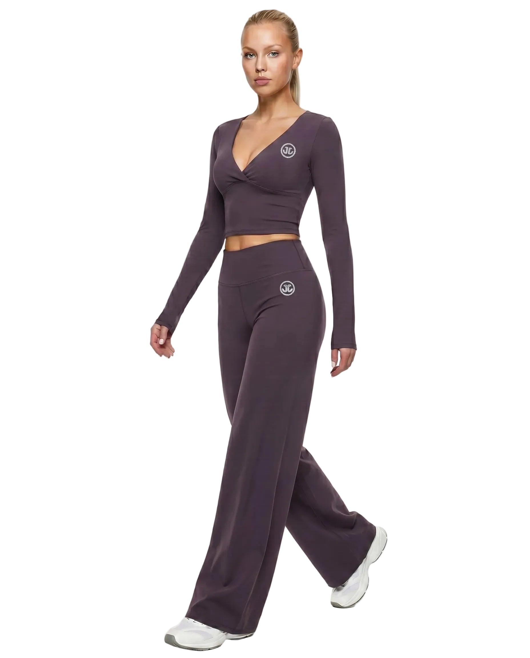 Women's Long-Sleeve Yoga 2-Piece Set with Wide-Leg Shorts